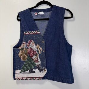 Vintage VRG SPORT‎ Denim Vest with Santa Claus Embroidery Sz Medium
